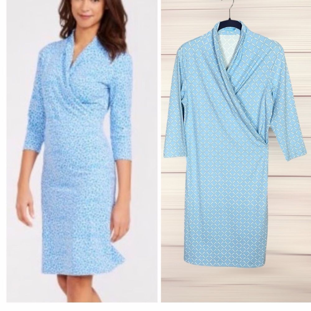 J. McLaughlin Panama Faux Wrap Dress Catalina Cloth Light Blue Geometric Print S